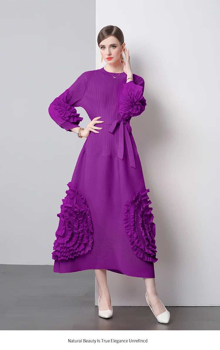 3D Flower Pleated Dress Bubble Sleeves High Waist Designer High-end Temperament Belt Long Dresses