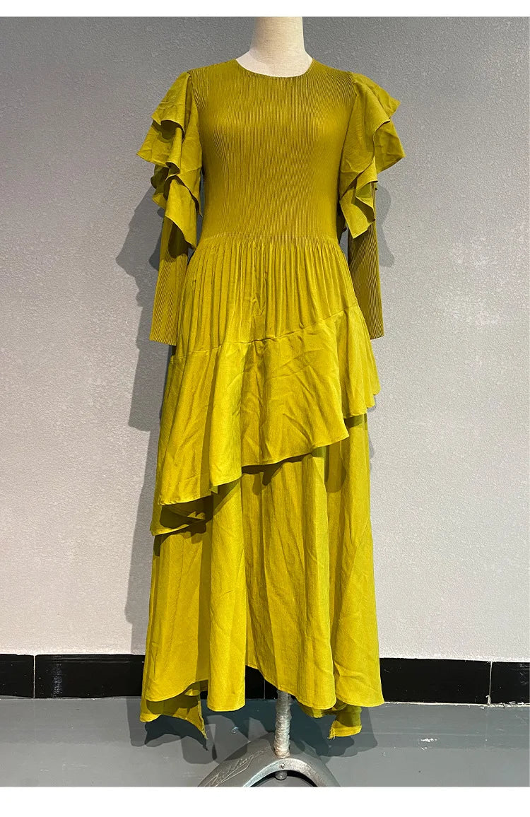 Fashion Pleated Long Dress  Design Sense Crew-neck Long Sleeve Pleated Dresses