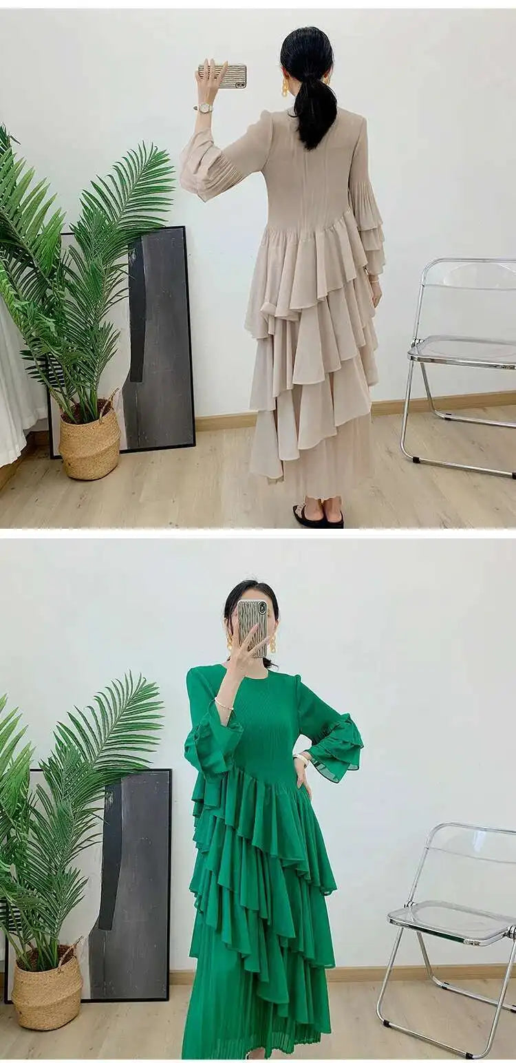 New Ruffles Pleated Dress Women Round Neck Flare Sleeves Loose Chic Long Length dress