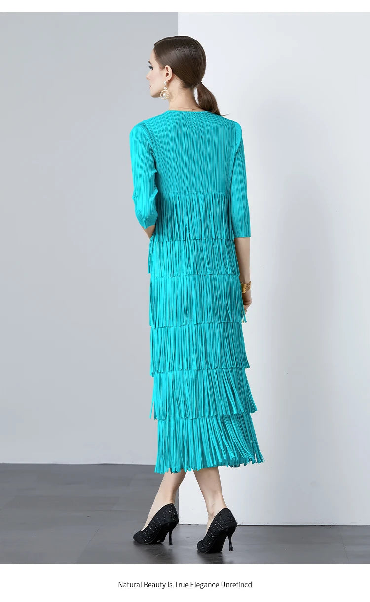 Miyake Fold  New V-neck Tassel Long Sleeve Scarf Tassel Solid Color Dress