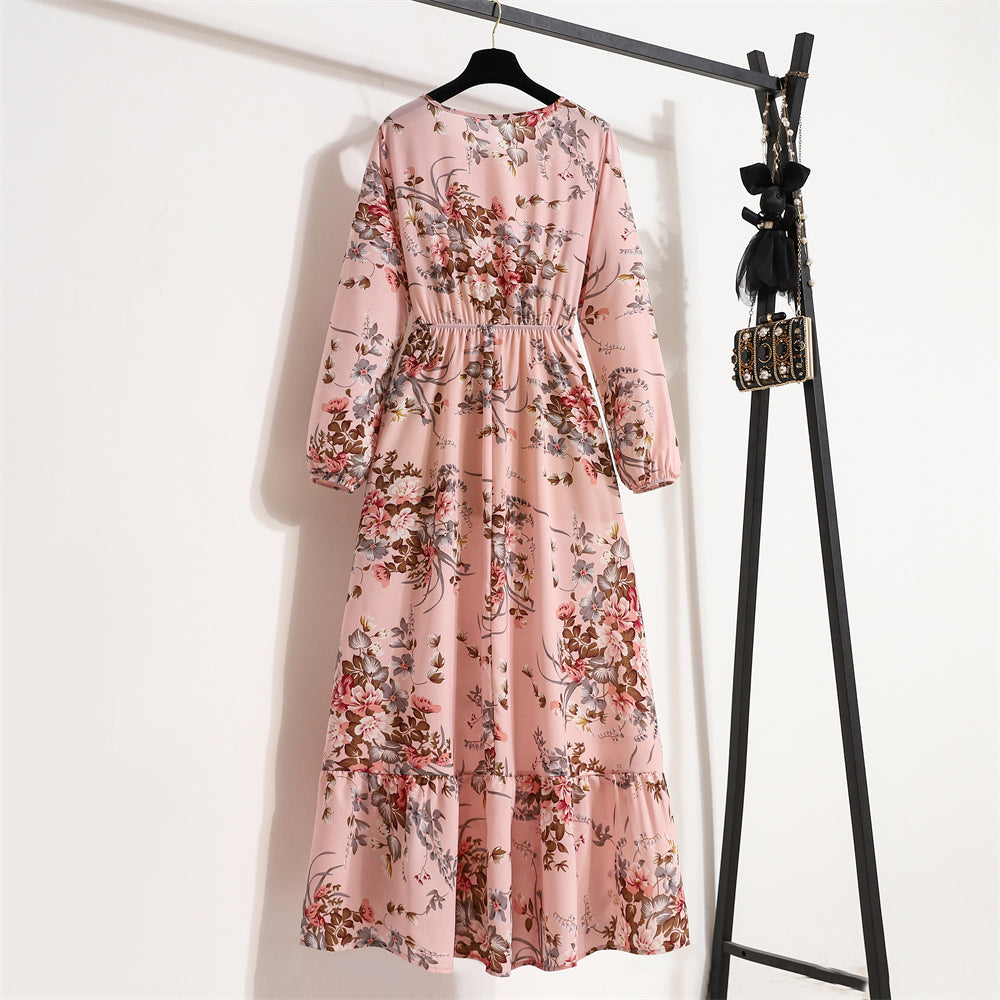Women Maxi Dress Casual Long Sleeve High Waist   Chiffon Dress