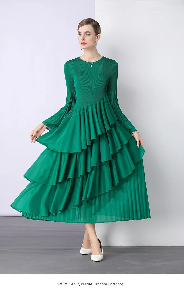 Chiffon  Long Sleeve Empire Waist Dress Draped Skirt Heavy Embellishment  Leaf Edge  Style Dress