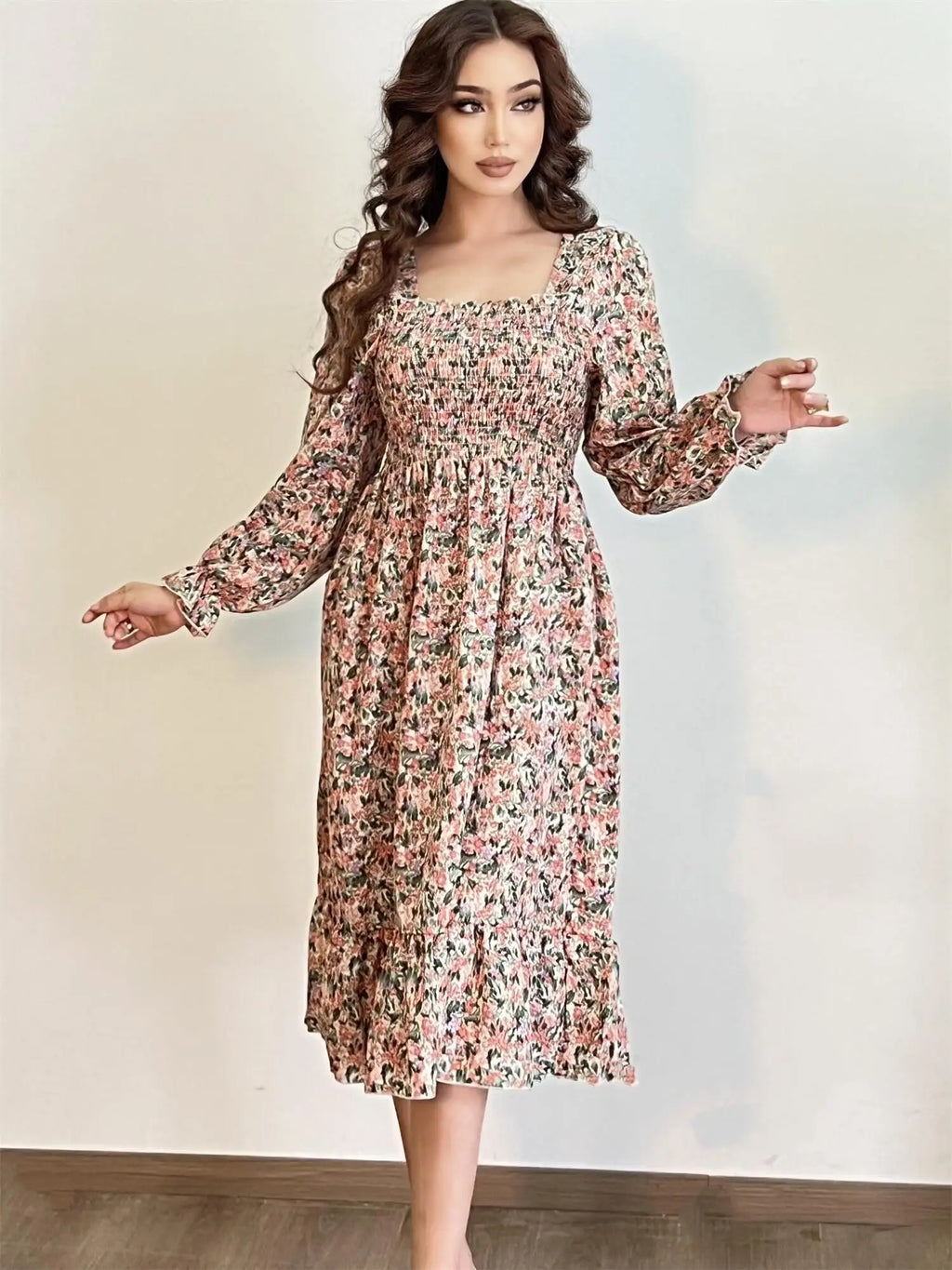 Autumn  Casual Dress Women Chiffon Dresses Long Sleeve A-line Printed Floral Elastic Chest Lace Up Midi Dresses
