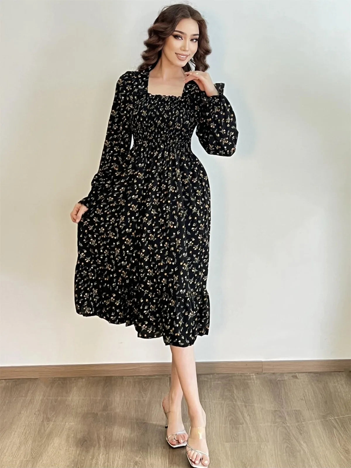 Autumn  Casual Dress Women Chiffon Dresses Long Sleeve A-line Printed Floral Elastic Chest Lace Up Midi Dresses