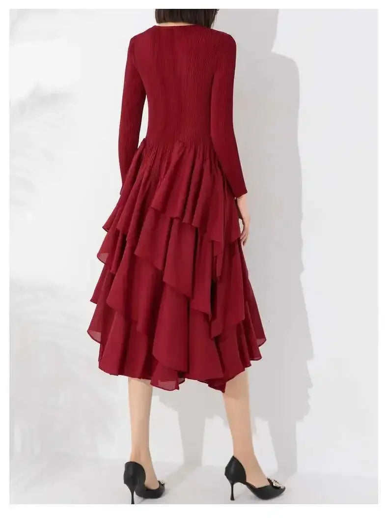 Miyake Elegant Pleated Long Dress for Women Round Neck Long Sleeves Ruffles A-line Dresses