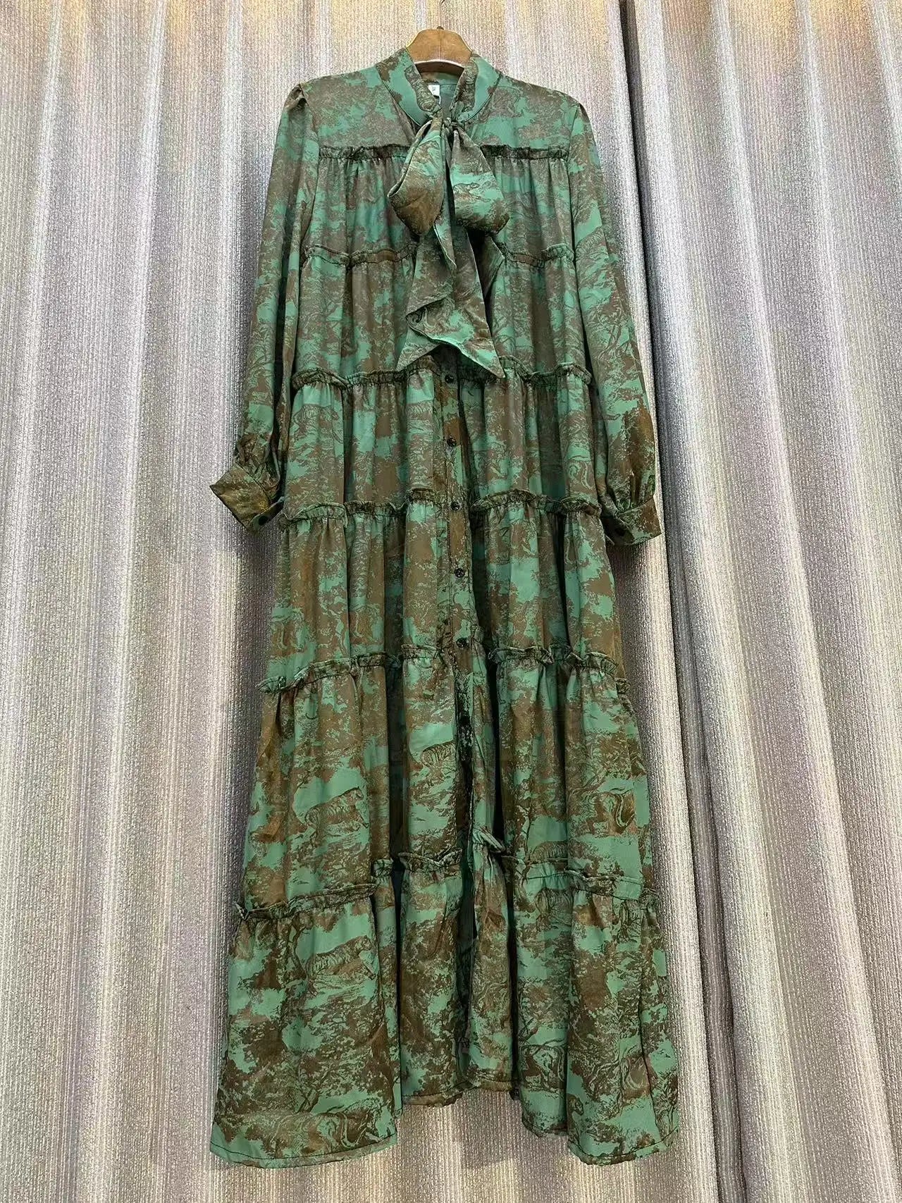 Luxury Dress For Women Print Dress Bow Neck Long Sleeve Loose Fashion  Evening  Swing Dress