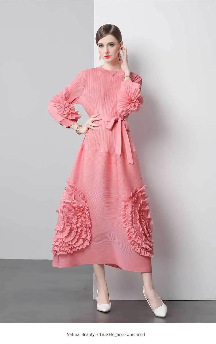 3D Flower Pleated Dress Bubble Sleeves High Waist Designer High-end Temperament Belt Long Dresses