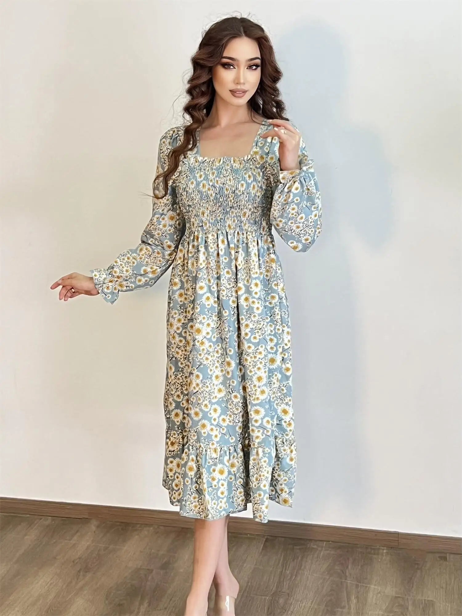 Autumn  Casual Dress Women Chiffon Dresses Long Sleeve A-line Printed Floral Elastic Chest Lace Up Midi Dresses