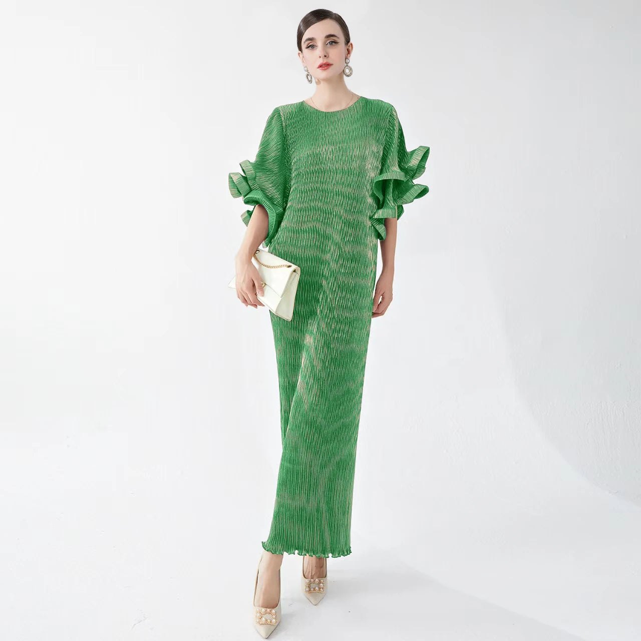 Miyake Dress for Women Looks Slim and Luxurious Round Neck Flared Sleeves with Loose Fit Gilded Pleated Elegant Dress Long Skirt
