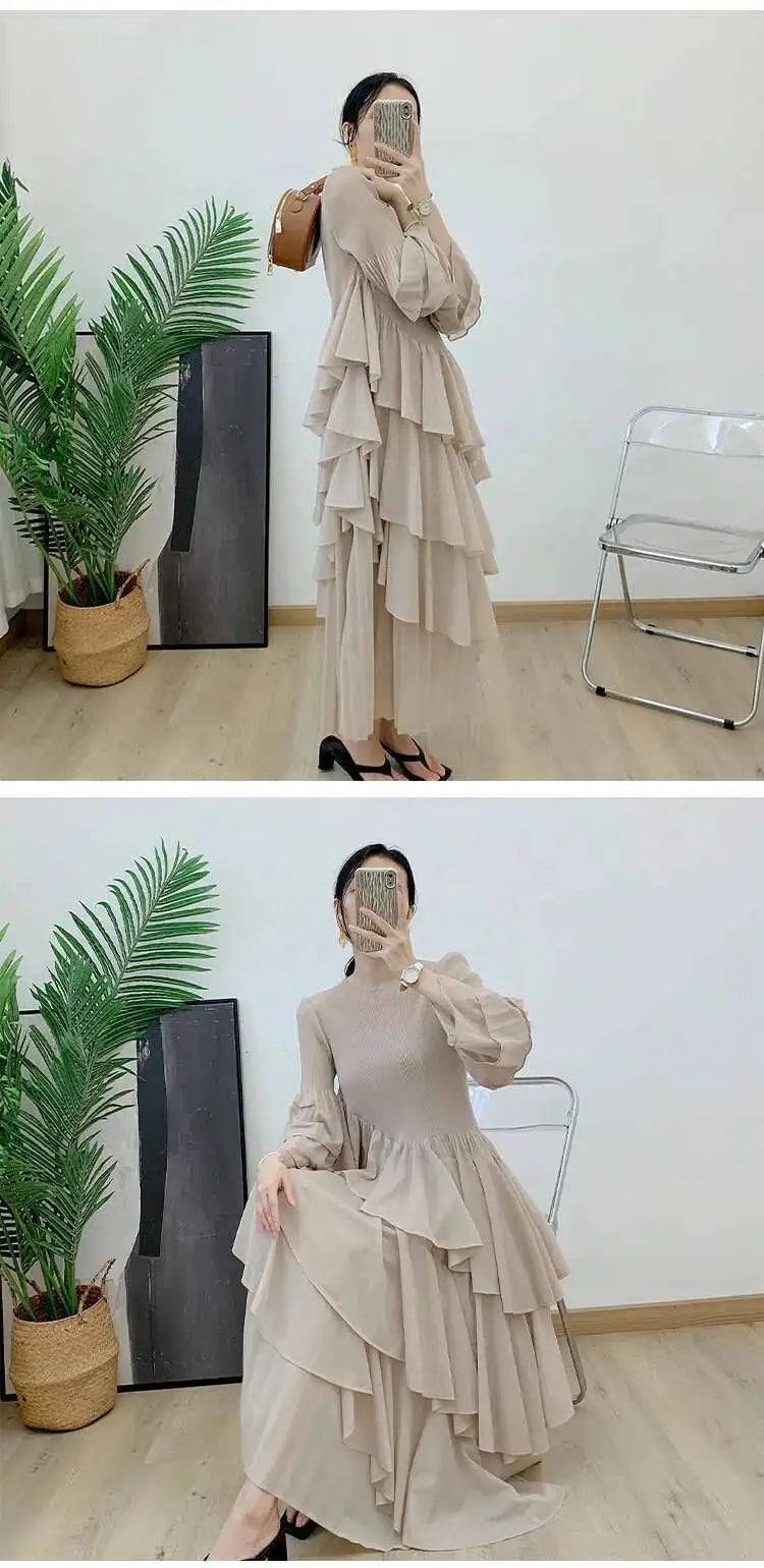 New Ruffles Pleated Dress Women Round Neck Flare Sleeves Loose Chic Long Length dress