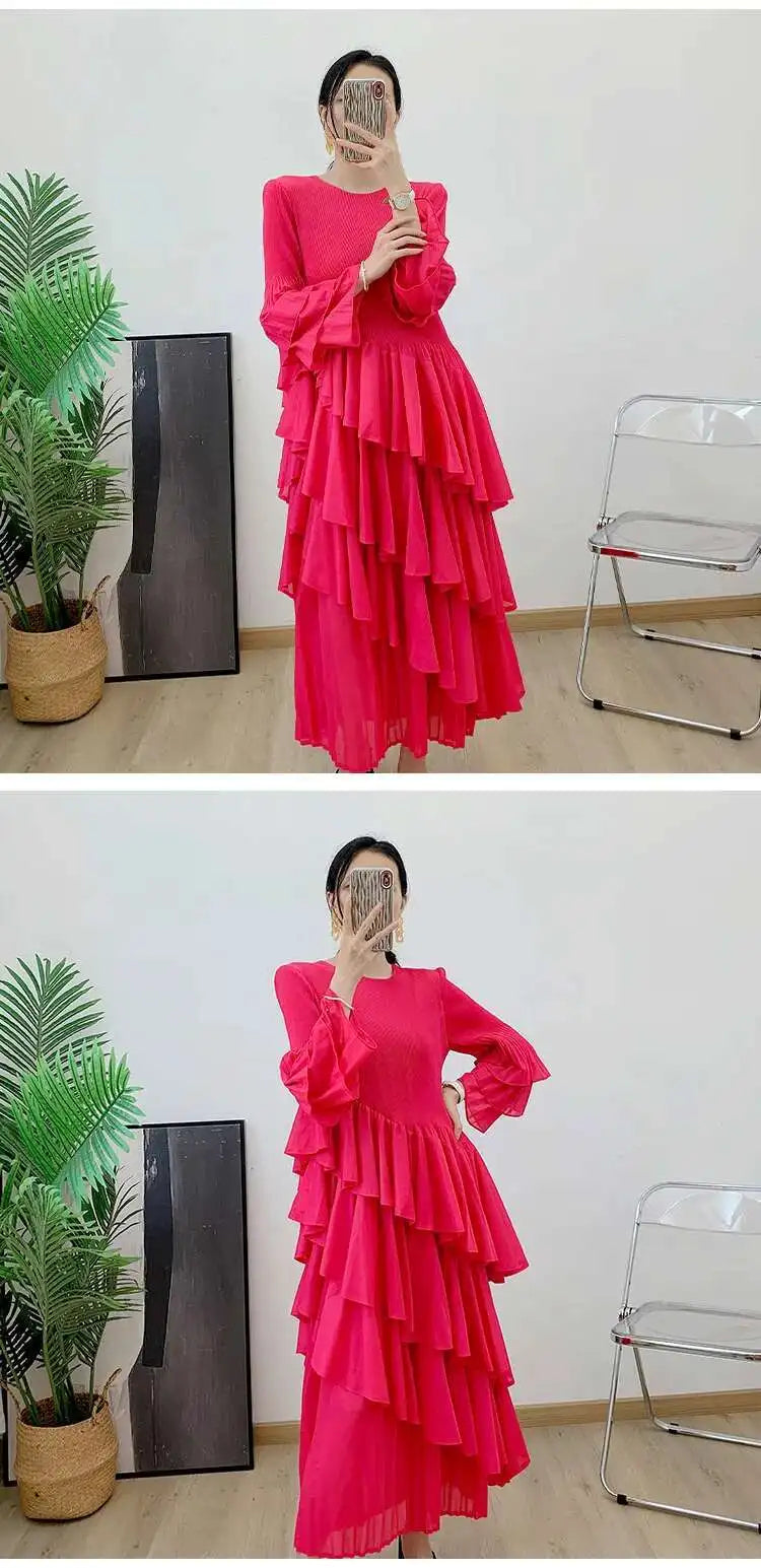 New Ruffles Pleated Dress Women Round Neck Flare Sleeves Loose Chic Long Length dress