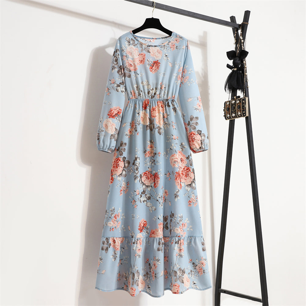 Women Maxi Dress Casual Long Sleeve High Waist   Chiffon Dress