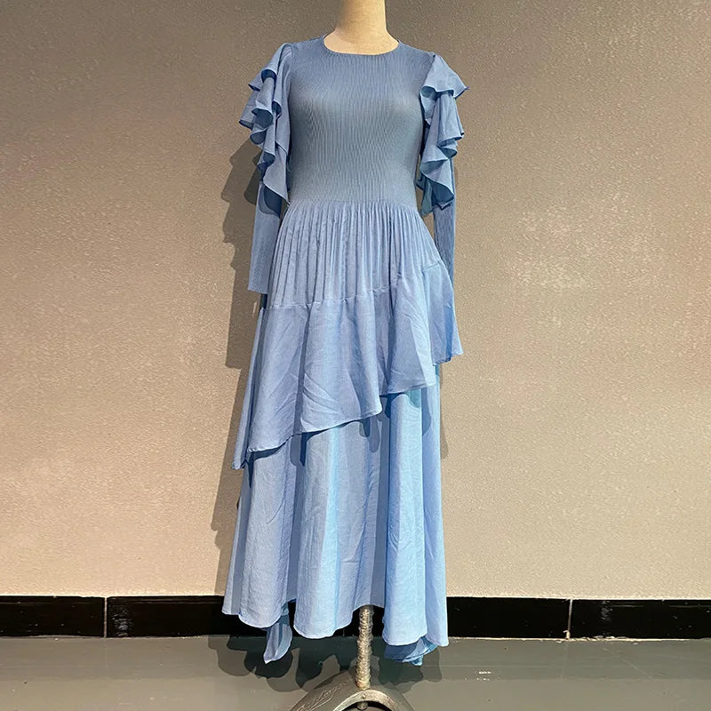 Fashion Pleated Long Dress  Design Sense Crew-neck Long Sleeve Pleated Dresses