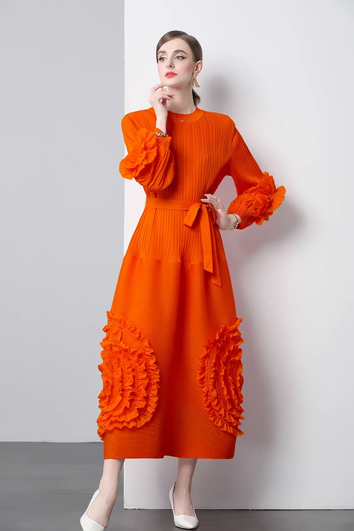3D Flower Pleated Dress Bubble Sleeves High Waist Designer High-end Temperament Belt Long Dresses