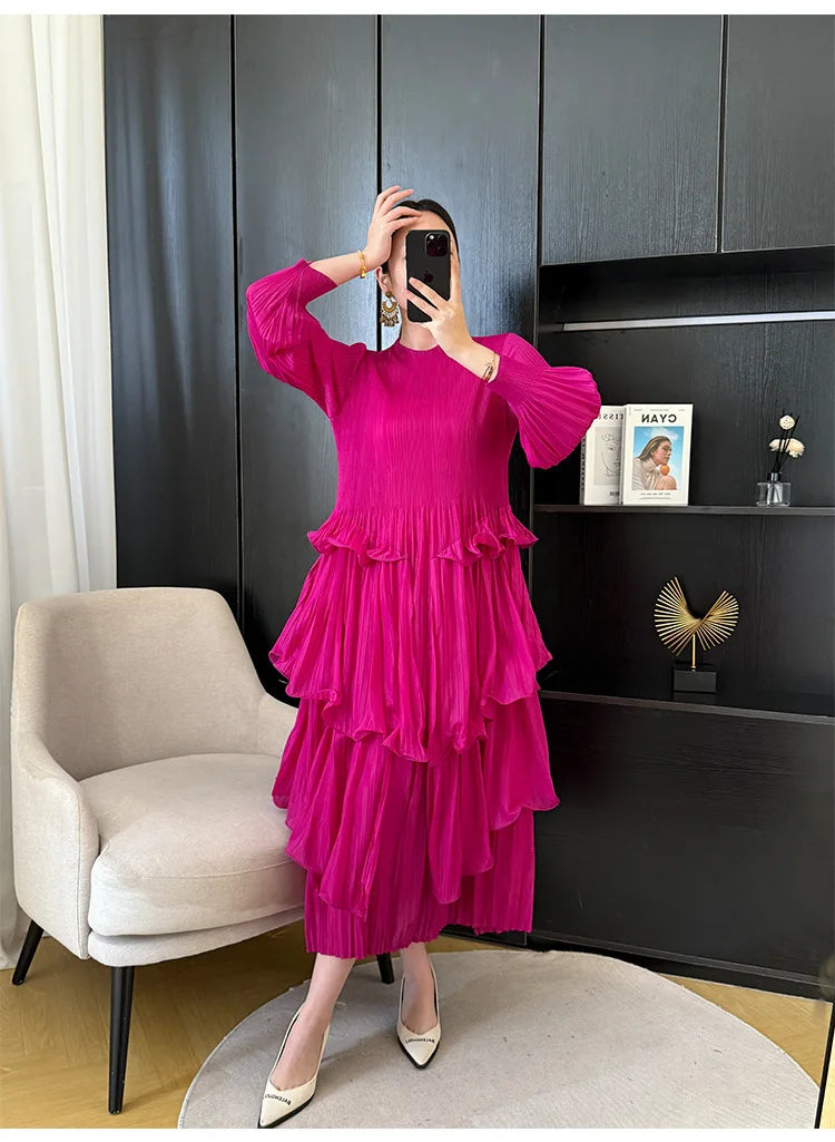 Pleated French Women's Dress  Chic New Ruffled High-End Design Long Sleeve dress