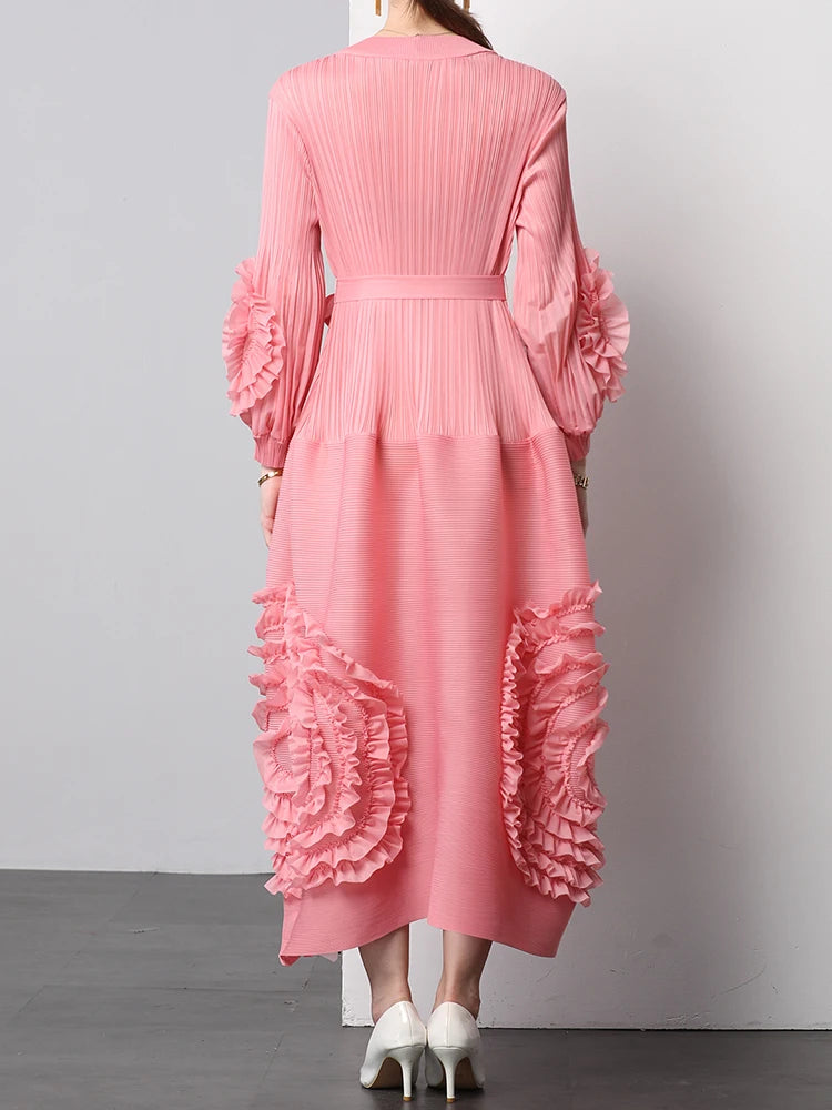 3D Flower Pleated Dress Bubble Sleeves High Waist Designer High-end Temperament Belt Long Dresses