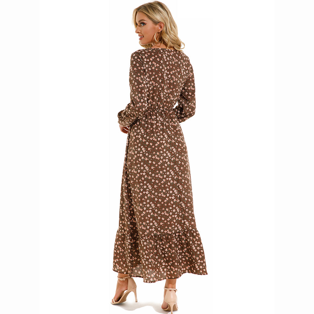 Women Maxi Dress Casual Long Sleeve High Waist   Chiffon Dress