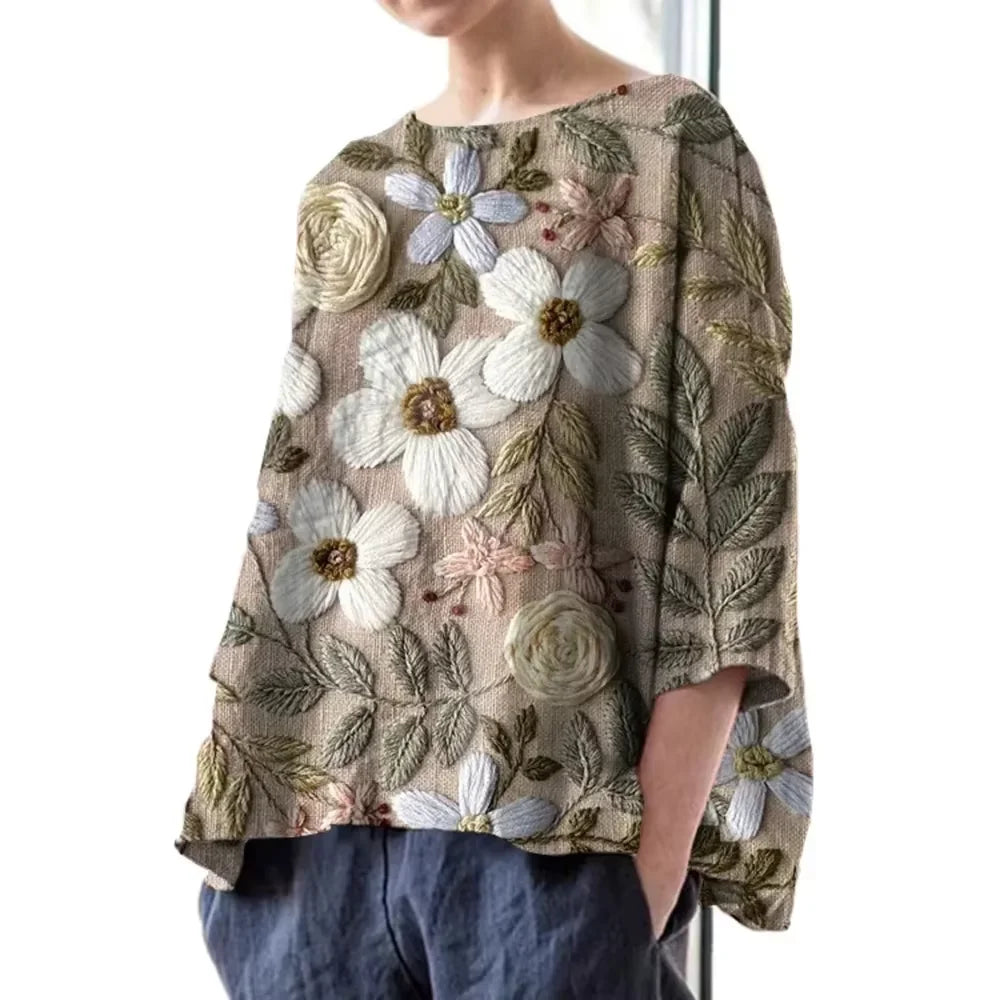 Plus Size Floral Printed Imitation Linen Women’s Vintage T-Shirt Round Neck 3/4 Sleeve Loose Summer Female Casual Daily Top Tees