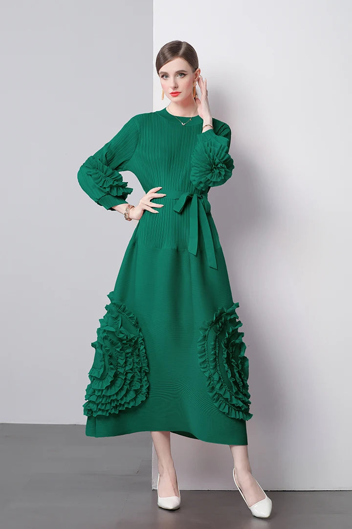 3D Flower Pleated Dress Bubble Sleeves High Waist Designer High-end Temperament Belt Long Dresses