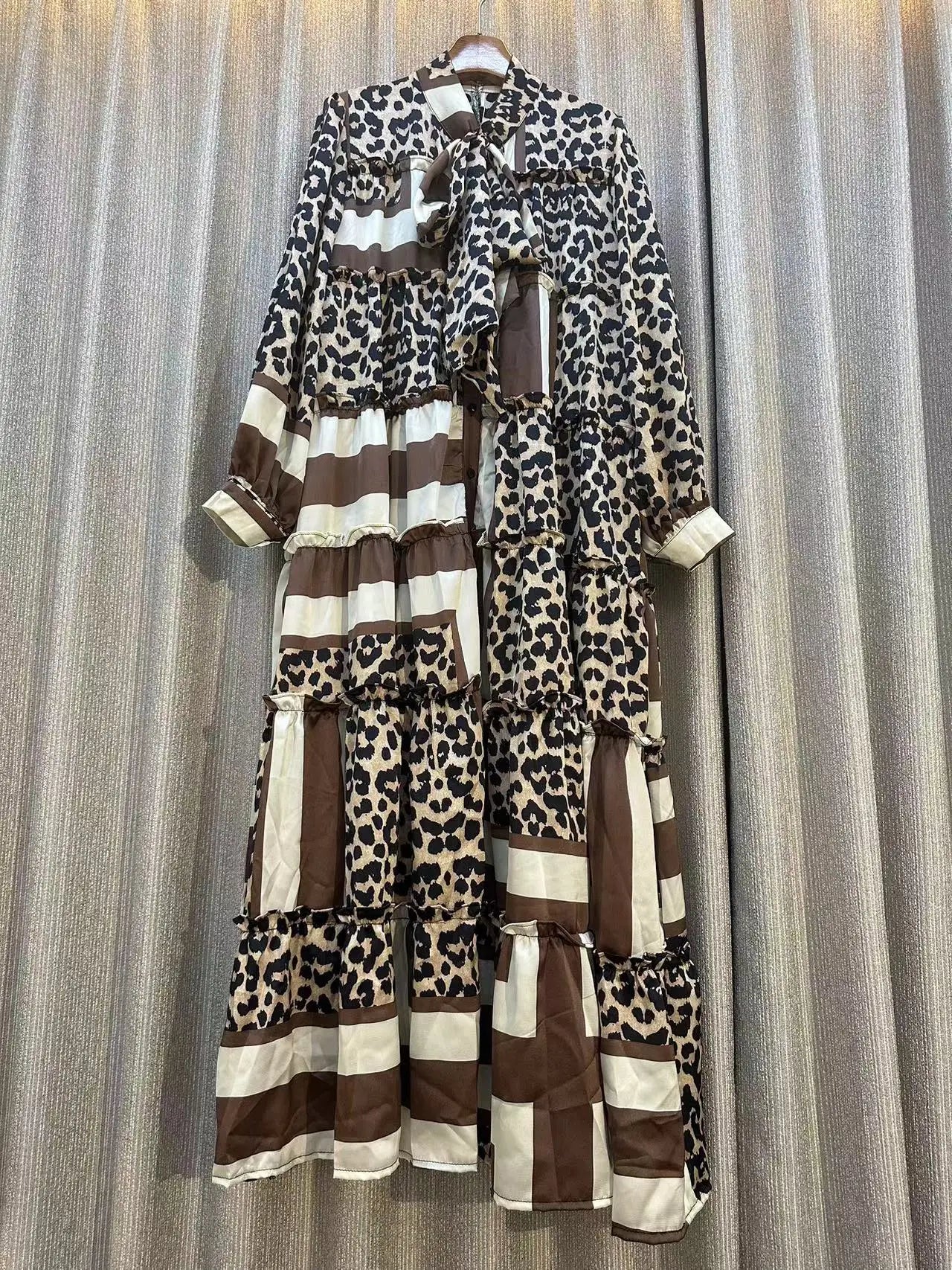 Jarlrysberg Luxury Women's Purple Print Dress  2025 Bow Neck Lantern Sleeve Ruffles Loose Fit Elegant Party Big Swing Robe