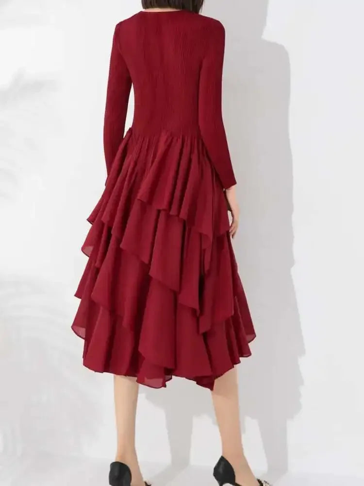 Miyake Elegant Pleated Long Dress for Women Round Neck Long Sleeves Ruffles A-line Dresses