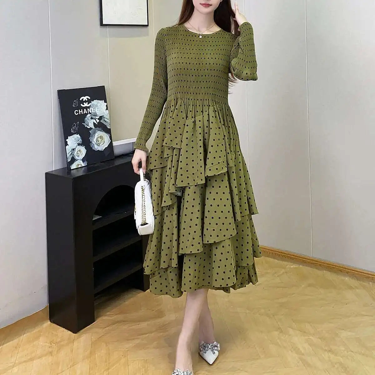Women's Polka Dot Dress  Design Long Sleeves Ruffles Elegant Dresses