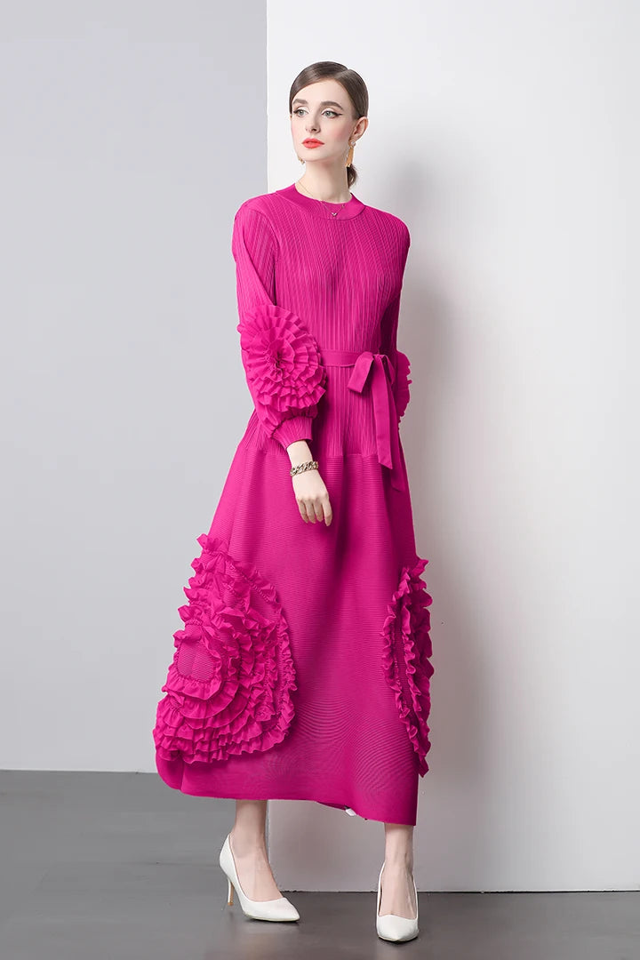 3D Flower Pleated Dress Bubble Sleeves High Waist Designer High-end Temperament Belt Long Dresses