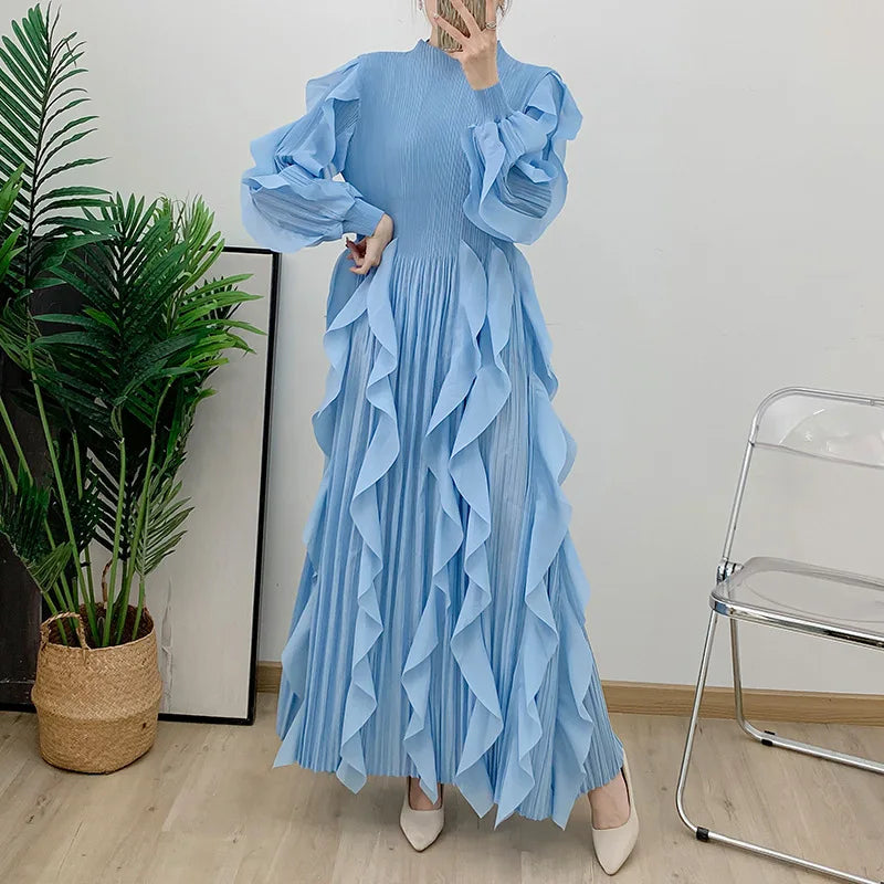 Fashion Ruffles Pleated Dress Women Round Neck Flare Sleeves Solid Maxi Dress