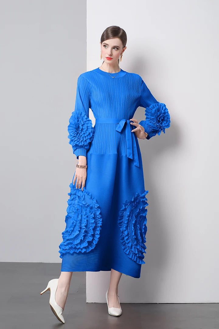 3D Flower Pleated Dress Bubble Sleeves High Waist Designer High-end Temperament Belt Long Dresses