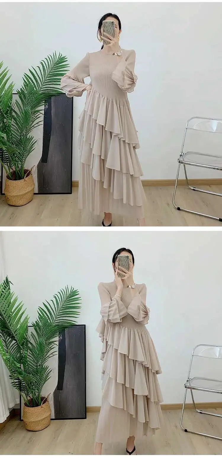 New Ruffles Pleated Dress Women Round Neck Flare Sleeves Loose Chic Long Length dress