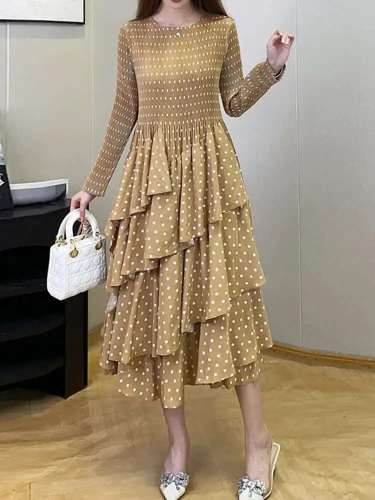 Women's Polka Dot Dress  Design Long Sleeves Ruffles Elegant Dresses