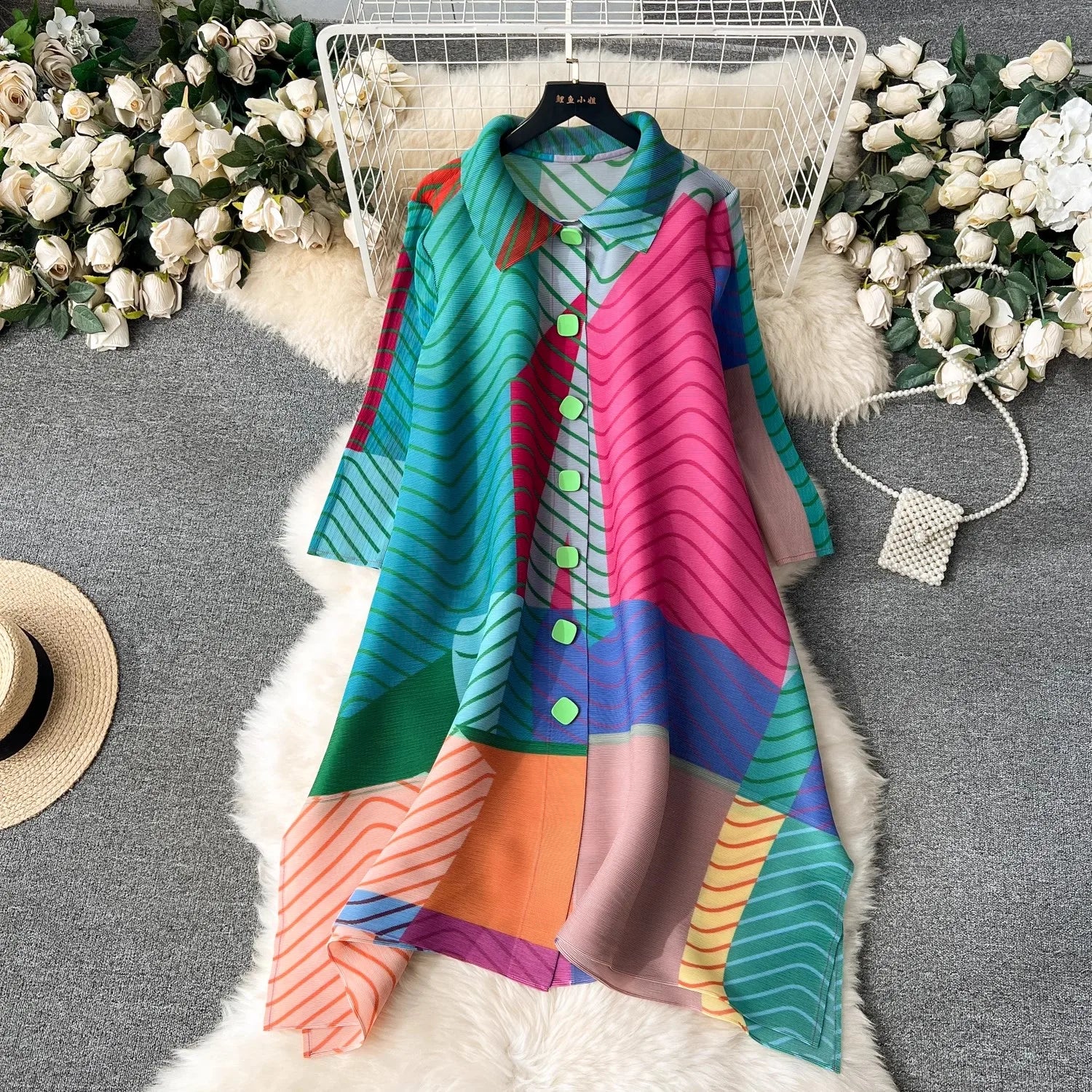 Miyake Pleated Drape Dress Women 2024 Spring Summer Colorblock Printing Lapel 3/4 Sleeve Single-breasted Fashion Shirt Dresses
