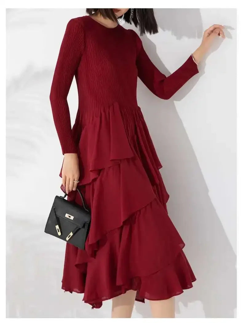 Miyake Elegant Pleated Long Dress for Women Round Neck Long Sleeves Ruffles A-line Dresses