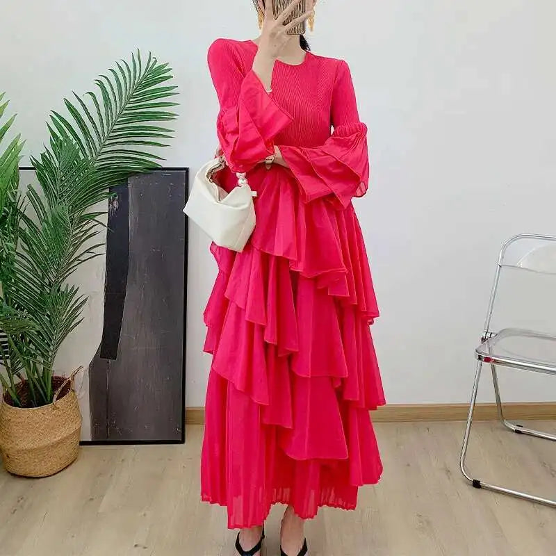 New Ruffles Pleated Dress Women Round Neck Flare Sleeves Loose Chic Long Length dress