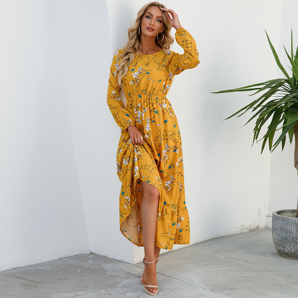 Women Maxi Dress Casual Long Sleeve High Waist   Chiffon Dress