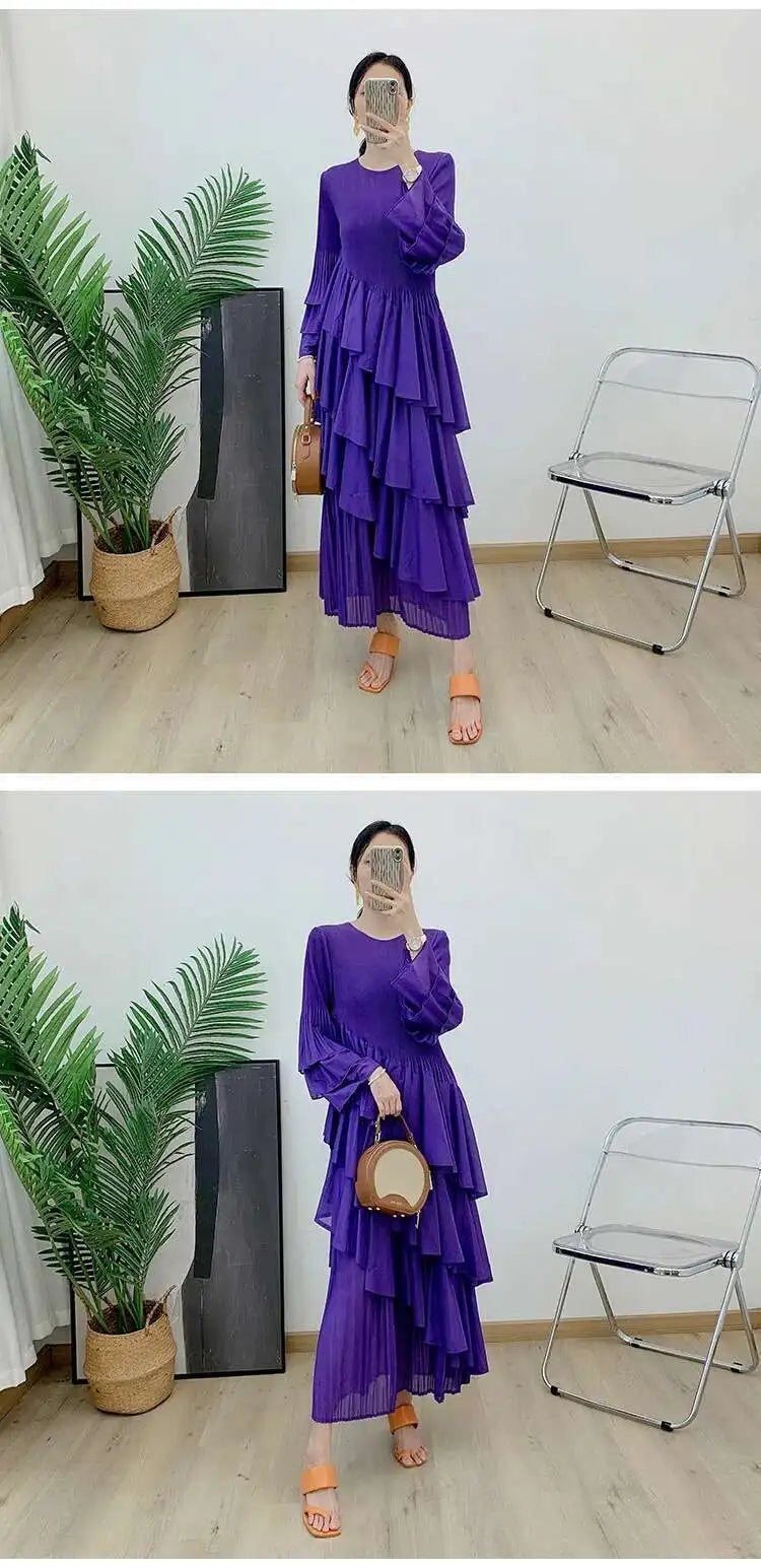 New Ruffles Pleated Dress Women Round Neck Flare Sleeves Loose Chic Long Length dress