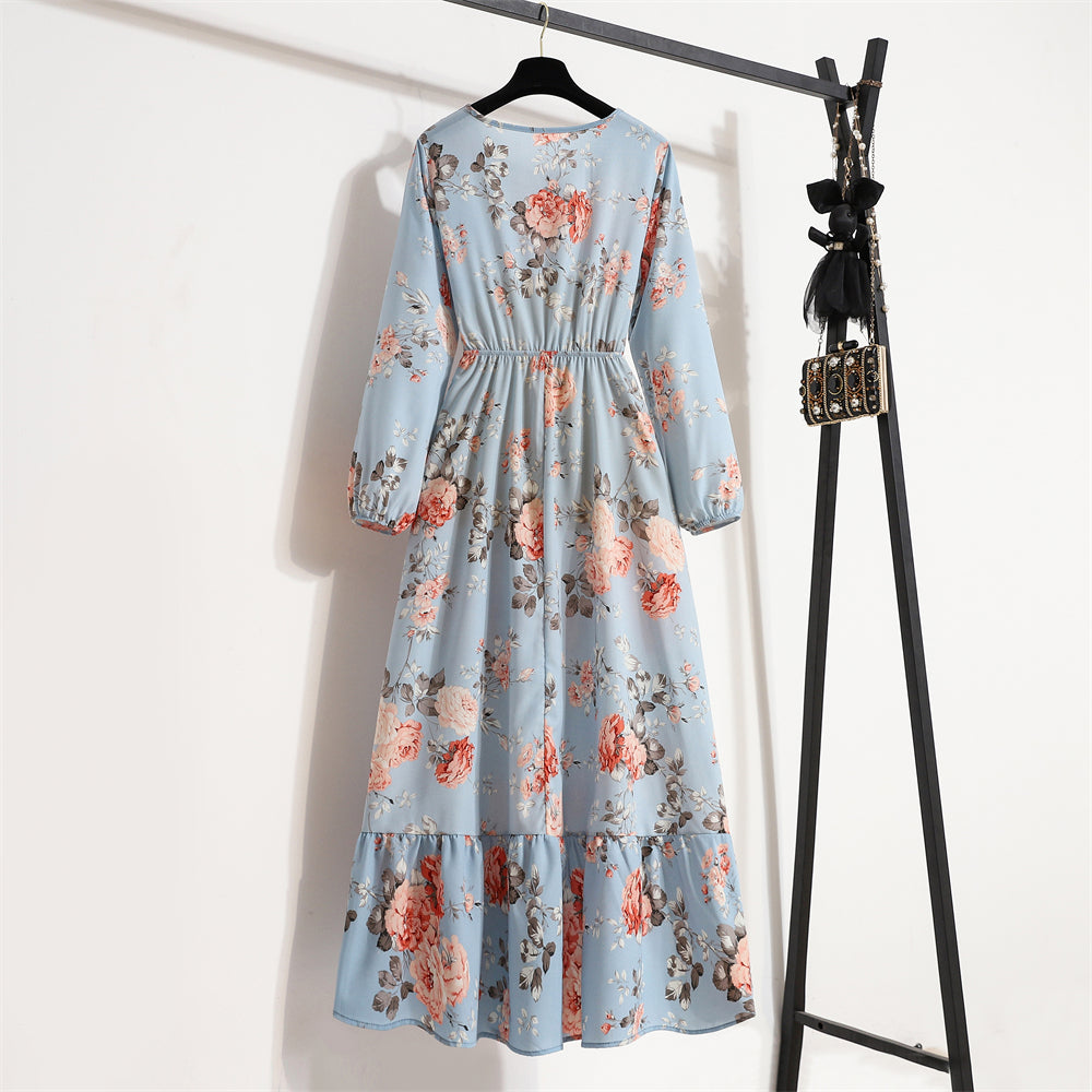 Women Maxi Dress Casual Long Sleeve High Waist   Chiffon Dress