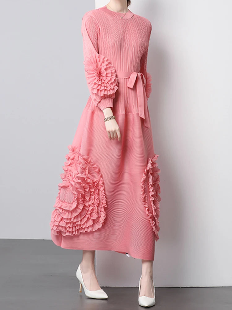 3D Flower Pleated Dress Bubble Sleeves High Waist Designer High-end Temperament Belt Long Dresses