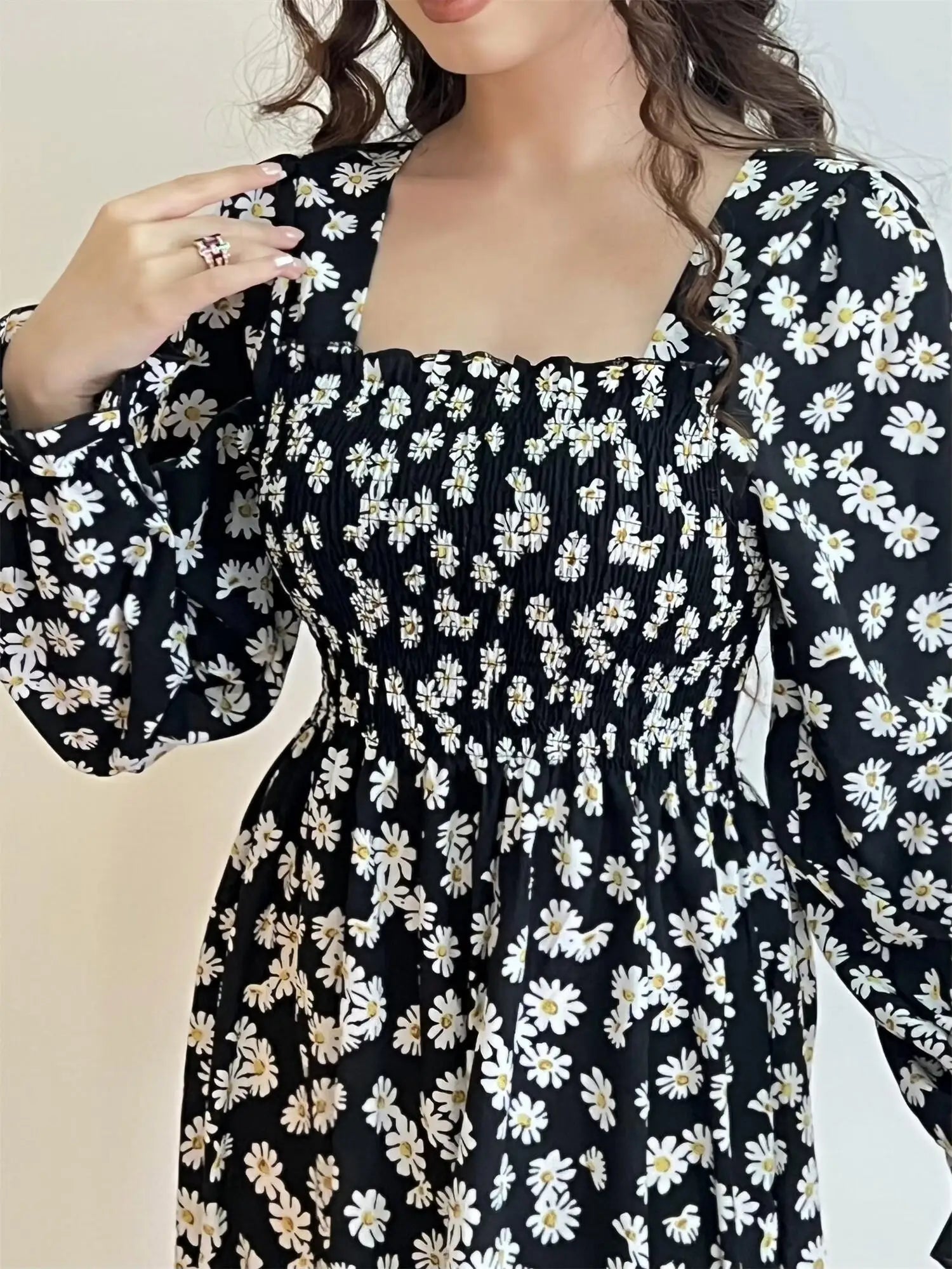 Autumn  Casual Dress Women Chiffon Dresses Long Sleeve A-line Printed Floral Elastic Chest Lace Up Midi Dresses