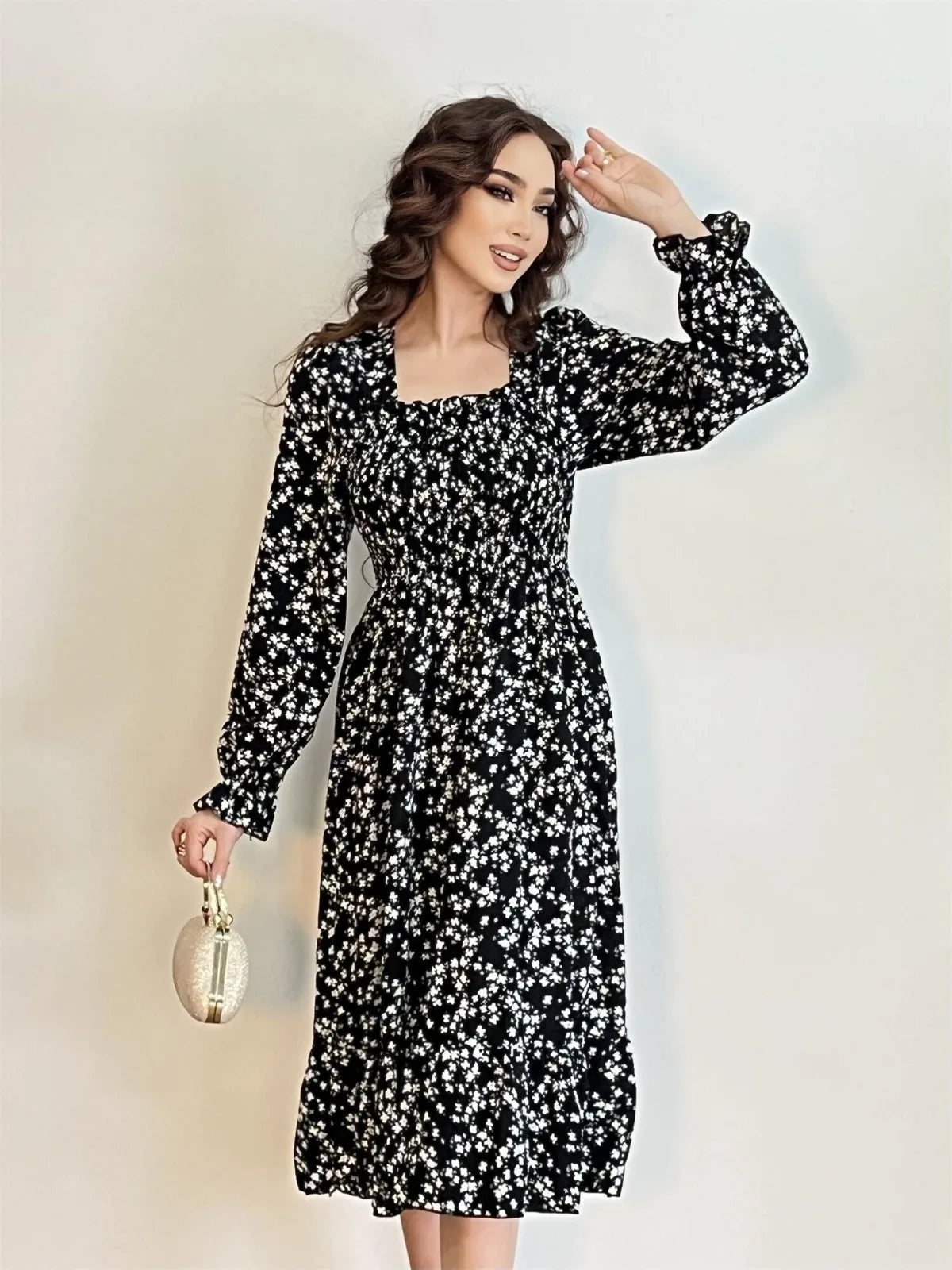 Autumn  Casual Dress Women Chiffon Dresses Long Sleeve A-line Printed Floral Elastic Chest Lace Up Midi Dresses