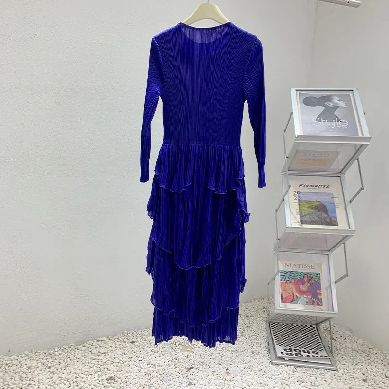 Pleated French Women's Dress  Chic New Ruffled High-End Design Long Sleeve dress