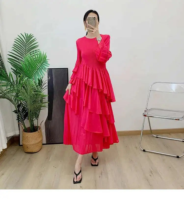 New Ruffles Pleated Dress Women Round Neck Flare Sleeves Loose Chic Long Length dress