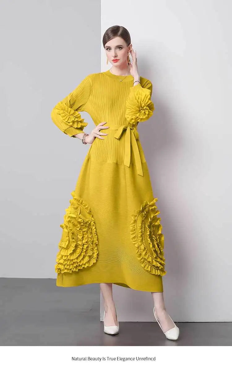 3D Flower Pleated Dress Bubble Sleeves High Waist Designer High-end Temperament Belt Long Dresses