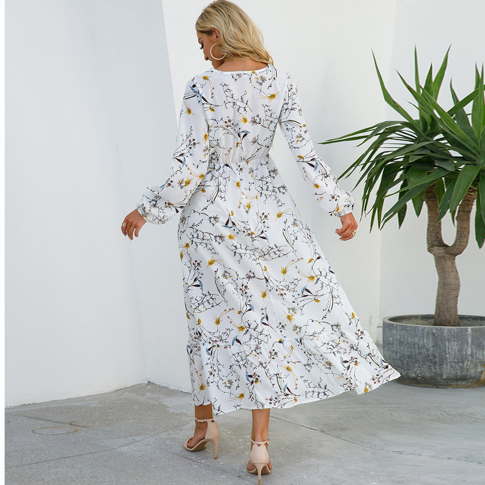 Women Maxi Dress Casual Long Sleeve High Waist   Chiffon Dress