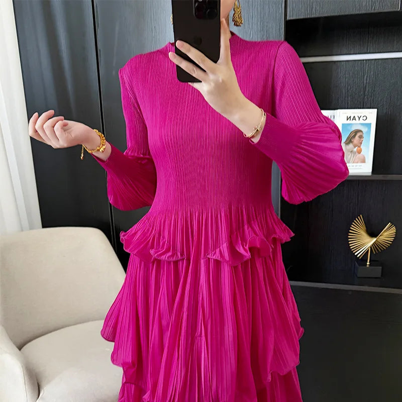 Pleated French Women's Dress  Chic New Ruffled High-End Design Long Sleeve dress