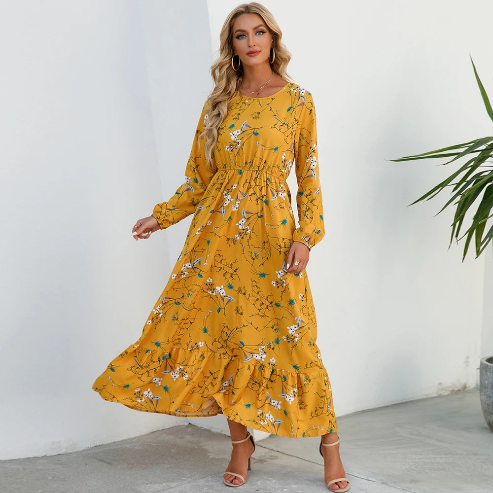 Women Maxi Dress Casual Long Sleeve High Waist   Chiffon Dress