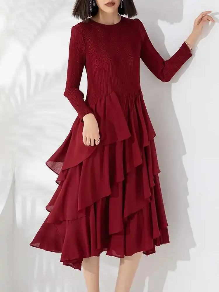 Miyake Elegant Pleated Long Dress for Women Round Neck Long Sleeves Ruffles A-line Dresses