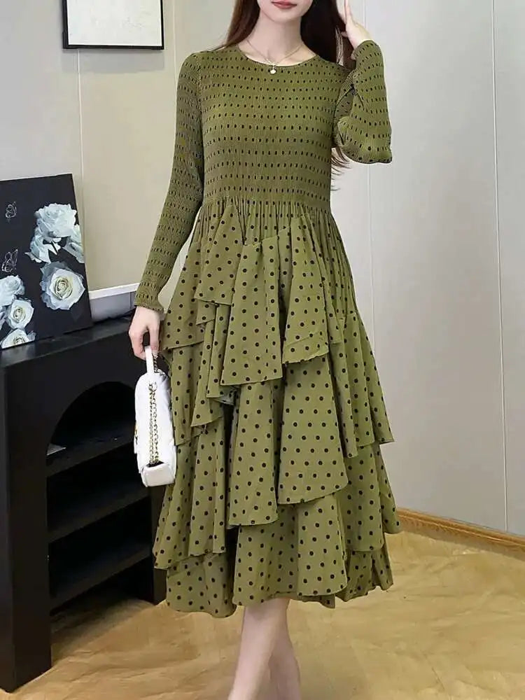 Women's Polka Dot Dress  Design Long Sleeves Ruffles Elegant Dresses