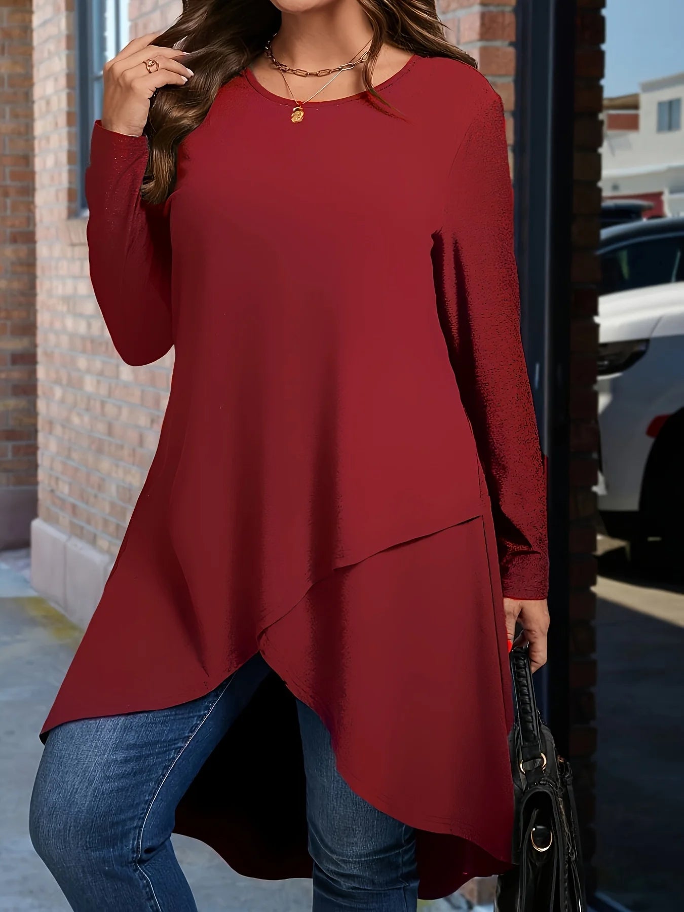 Plus Size Long Sleeve Elegant T-Shirt for Women Solid Color Crew Neck Asymmetrical Dipped Hem Top for Spring/Fall