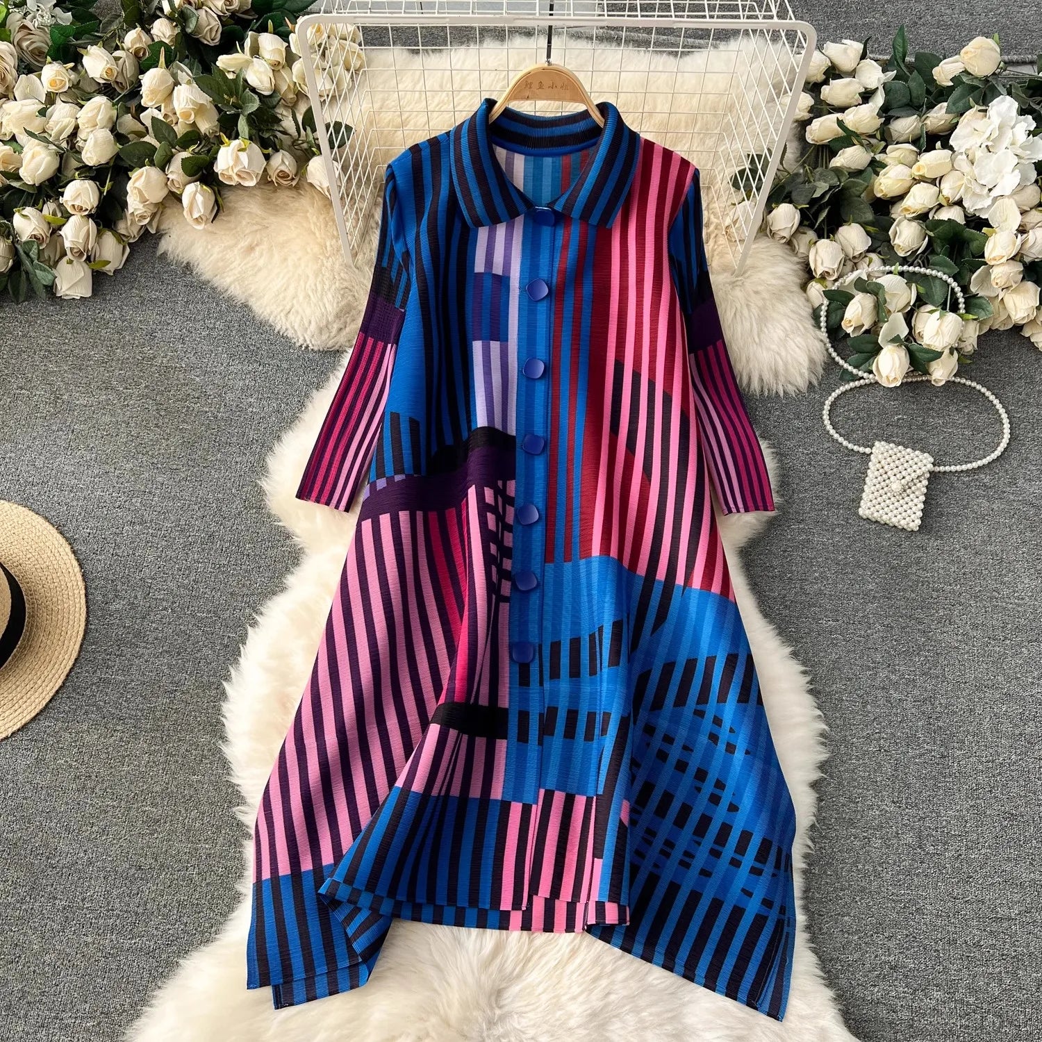 Miyake Pleated Drape Dress Women 2024 Spring Summer Colorblock Printing Lapel 3/4 Sleeve Single-breasted Fashion Shirt Dresses